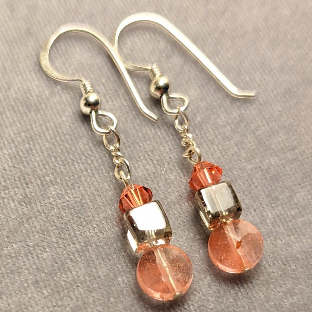 Sterling Silver Drop Earrings w/ Smoky and Strawberry Quartz, Swarovski Crystals